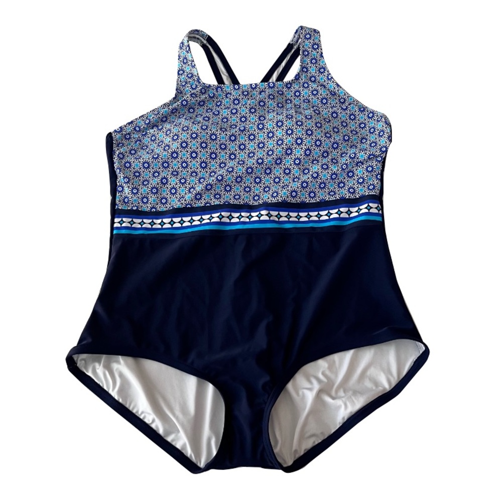 Lands End‎ Navy and Geometric Floral Print One Piece Swimsuit
